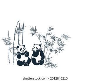 panda pine sketch vector japanese chinese design isolated