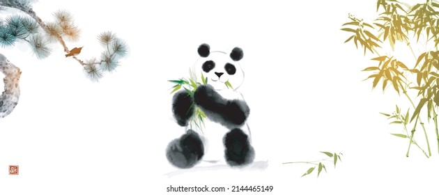 Panda, pine tree and bamboo on white background. Traditional oriental ink painting sumi-e, u-sin, go-hua. Translation of hieroglyph - well-being.