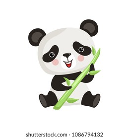 Panda with pink cheeks sitting on floor and holding green bamboo stick. Tropical animal. Flat vector design for children book or postcard