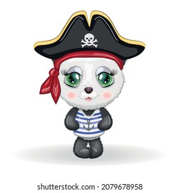 Panda pirate, cartoon character of the game, wild bear in a bandana and a cocked hat with a skull, with an eye patch. Character with bright eyes Isolated on white