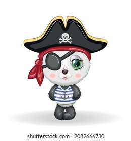 Panda pirate, cartoon character of the game, wild bear in a bandana and a cocked hat with a skull, with an eye patch. Character with bright eyes Isolated on white