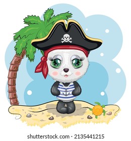 Panda pirate, cartoon character of the game, wild bear in a bandana and a cocked hat with a skull, with an eye patch. Character with bright eyes on the beach with palm trees