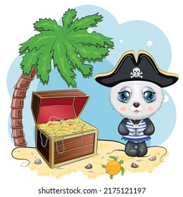 Panda Pirate, Cartoon Character Of The Game, Wild Bear In A Bandana And A Cocked Hat With A Skull, With An Eye Patch. Character With Bright Eyes And Treasure Chest