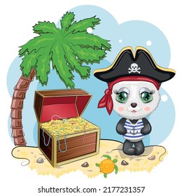 Panda Pirate, Cartoon Character Of The Game, Wild Bear In A Bandana And A Cocked Hat With A Skull, With An Eye Patch. Character With Bright Eyes And Treasure Chest