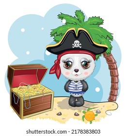 Panda Pirate, Cartoon Character Of The Game, Wild Bear In A Bandana And A Cocked Hat With A Skull, With An Eye Patch. Character With Bright Eyes And Treasure Chest