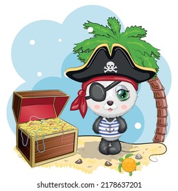 Panda Pirate, Cartoon Character Of The Game, Wild Bear In A Bandana And A Cocked Hat With A Skull, With An Eye Patch. Character With Bright Eyes And Treasure Chest