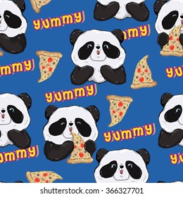 Panda with pizza. illustration, vector. panda. black and white bear. vector. illustration. seamless pattern