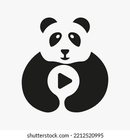 Panda Play Logo Negative Space Concept Vector Template. Panda Holding Play Symbol