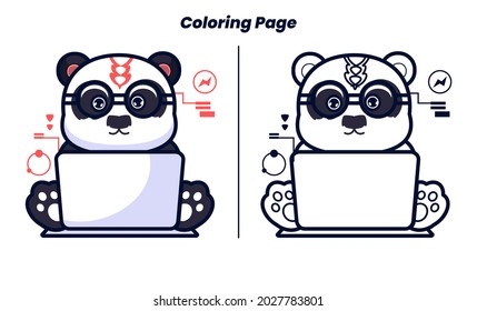 panda playing computer with coloring pages suitable for children