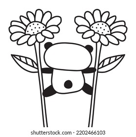 Panda playing in flowers vector illustration