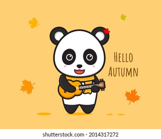 Panda playing guitar hello autumn banner cartoon icon vector illustration. Design isolated flat cartoon style