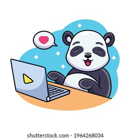 Panda Playing on Laptop Cartoon. Vector Icon Illustration, Isolated Premium Vector