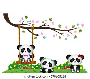 panda playing under tree branch
