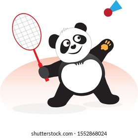 Panda plays a sports game with a racket.
The panda bear plays badminton, beats a sports valan with a racket.
