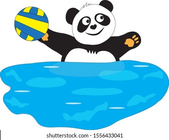 Panda plays water polo in the pool.
Sports game in the water with the ball, panda bear throws the ball.