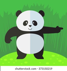 Panda pointing direction. Flat style vector illustration on Green background. National emblem of China