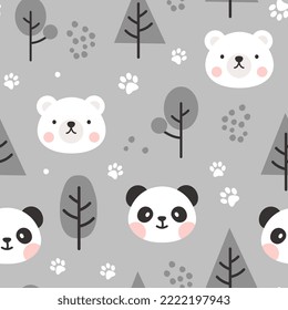 panda and polar bear monochrome grey forest kids scandinavian style seamless pattern background with trees and animal footprints. Bedding children vector design, fabric and textile print.