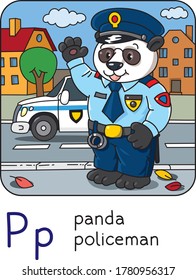 Panda policeman. Animal professions ABC Alphabet P