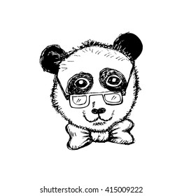 Panda portrait in a glasses with bow. Hand drawing illustration.