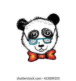 Panda portrait in a glasses with bow. Hand drawing illustration.