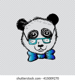 Panda portrait in a glasses with bow. Hand drawing illustration.
