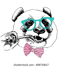 Panda portrait in a glasses with tie. Vector illustration.