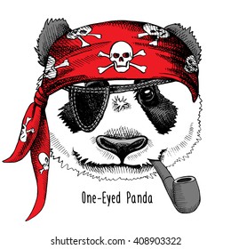 Panda portrait in a pirate's bandana with tobacco pipe. Vector illustration.
