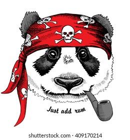 Panda portrait in a red pirate's bandana with tobacco pipe. Vector illustration.