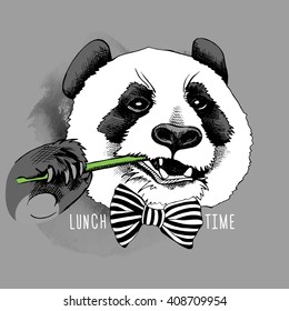 Panda portrait in a tie with bamboo branch on gray background. Vector illustration.