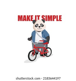 Panda is posing standing holding a bicycle with a sling bag. simple style, make it simple. easy going