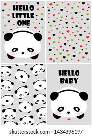 Panda postcard. Cute bear. Kawaii panda. Baby shower. Newborn. Cartoon style. Vector illustration. Card, poster, postcard, print, fabric, wrapping paper design