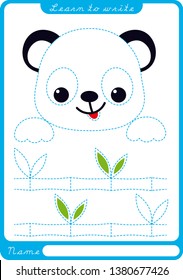 Panda. Preschool worksheet for practicing fine motor skills - tracing dashed lines. Tracing Worksheet.  Illustration and vector outline - A4 paper ready to print.