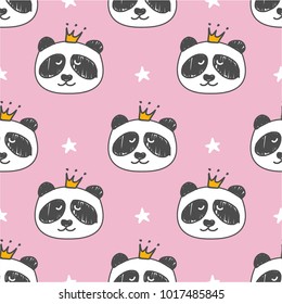 Panda Princess. Can be used for kid's clothing. Vector Pattern: Seamless panda bear pattern on light pink background.