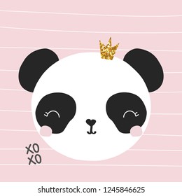 Panda princess with gold glitter crown. Vector hand drawn illustration.