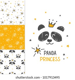 Panda Princess.Surface design and 3 seamless patterns. Can be used for kid's clothing. Use for print design, surface design, fashion kids wear