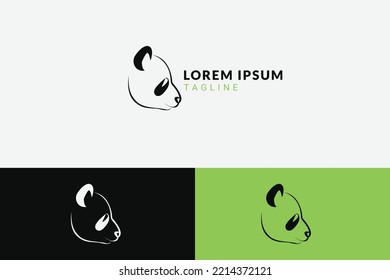 Panda profile head logo concept linear style in black and green. Vector logo template for branding in endangered species conservation, national parks, zoo, natural products and more