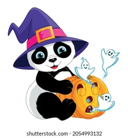Panda with pumpkin for halloween. Cartoon vector illustration