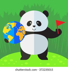Panda putting flag mark the globe. Flat style vector illustration on Green background. National emblem of China