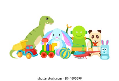 Panda and rabbit collection of toys, toys for kids, robot and dinosaur, helicopter and ball, car and steam train, isolated on vector illustration