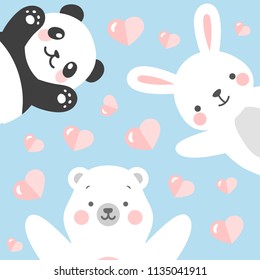 Panda Rabbit and Teddy Bear vector print, love write with flying heart cartoon illustration, baby shower card, greeting or valentine card, kids cards for birthday poster or banner