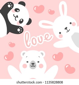 Panda Rabbit and Teddy Bear vector print, love write with flying heart cartoon illustration, baby shower card, greeting or valentine card, kids cards for birthday poster or banner