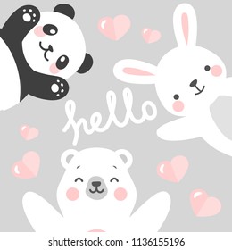 Panda Rabbit   Teddy Bear vector print  love write and flying heart cartoon illustration  baby shower card  greeting valentine card  kids cards for birthday poster banner