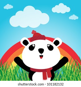 Panda with rainbow in the forest