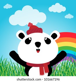 Panda with rainbow in the forest