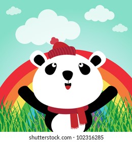 Panda with rainbow in the forest