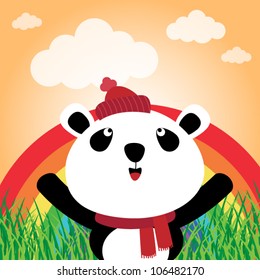 Panda with rainbow in the forest