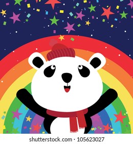 Panda and rainbow in the night sky