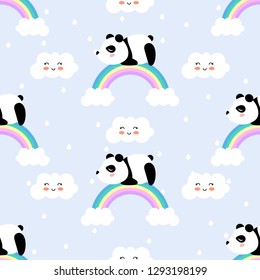 Panda, rainbow  seamless pattern for kid, cartoon vector 