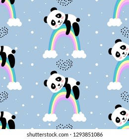 Panda, rainbow  seamless pattern for kid, cartoon vector 