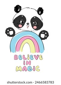 Panda and rainbow Vector illustration. Kids trend print decor. hand drawn lettering quote